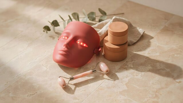 Terracotta skincare containers beside red LED facial mask and roller &ndash; Perfect for organic beauty marketing, spa brochures, or aesthetic editorial content.