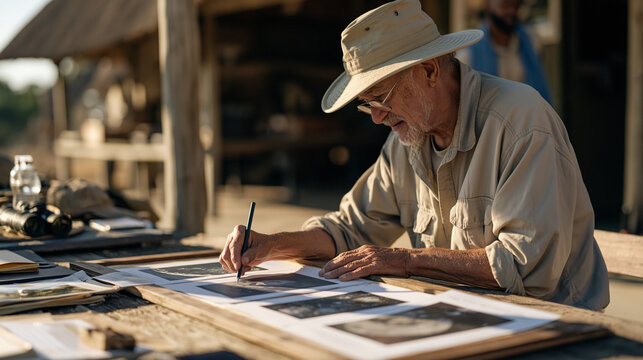Elderly safari park ranger in harsh midday sun studying deep space telescope imaging printouts spread across a rugged outdoor table, squinting with decades of fieldwork wisdom,