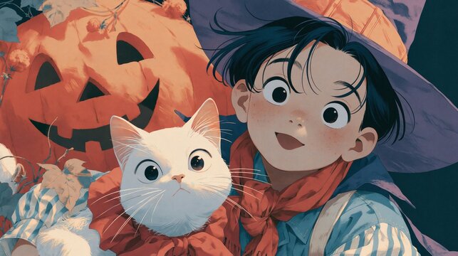 Charming Halloween scene with witch and cat.