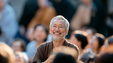 Fototapeta premium Happy Elderly Japanese Man Participating Joyfully in the Traditional Jidai Matsuri Festival