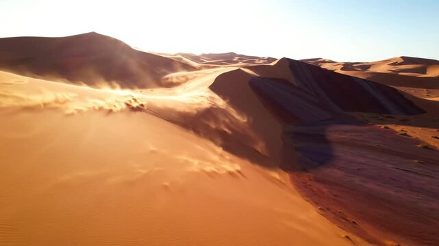 Golden sand dunes blowing in the wind during a sunny desert sunset
