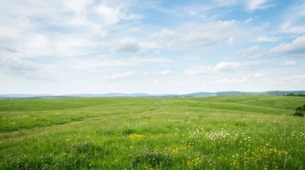 Fototapeta premium A wide, expansive landscape features a vibrant green meadow dotted with wildflowers, stretching towards a distant horizon. A winding dirt path cuts through the field.