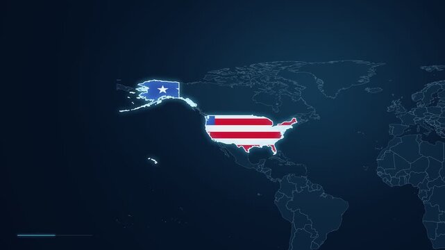 Digital map footage zooming in to highlight the city of Seattle in the United States, North America, with a location pin and geographic locator displayed