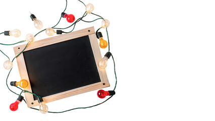 Blank blackboard slate string christmas lights isolated on transparent background © Griffin