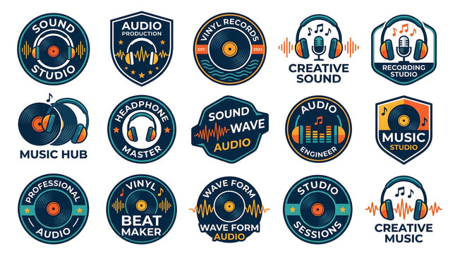 Collection of Audio and Music Studio Emblems: A vibrant compilation of circular and hexagonal badges, each representing an aspect of audio production, music creation, and sound engineering.
