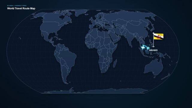 Digital world map footage displaying an international travel route from Brunei to Singapore with highlighted locations and a connecting flight path