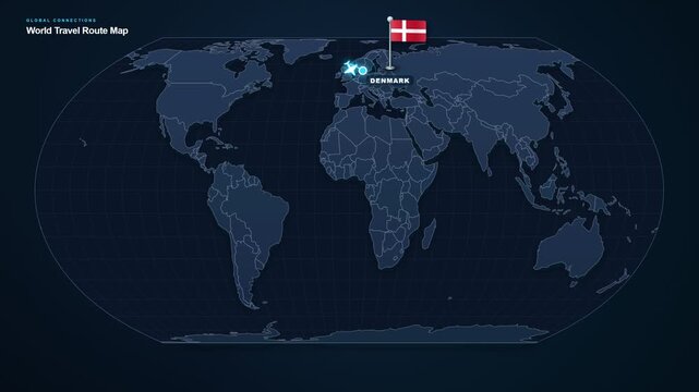 Digital world map footage displaying an international travel route from Denmark to the Netherlands with highlighted locations and a connecting flight path