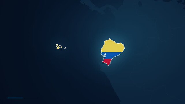 Digital map footage zooming in to highlight the city of Portoviejo in Ecuador, South America, with a location pin and geographic locator displayed
