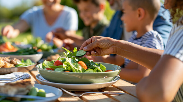 Faceless multiethnic family sharing an outdoor meal in a garden, intergenerational connection, family lifestyle, outdoor dining, community, togetherness, healthy family