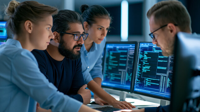 Faceless IT professionals reviewing software code together on a desktop monitor in a technology office, teamwork, software development, debugging, programming, IT collaboration,