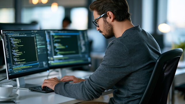 Faceless software developer writing code on a computer in a modern office, programming, coding, software engineering, technology career, IT services, digital transformation,
