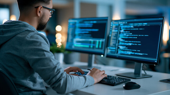 Faceless software developer writing code on a computer in a modern office, programming, coding, software engineering, technology career, IT services, digital transformation,