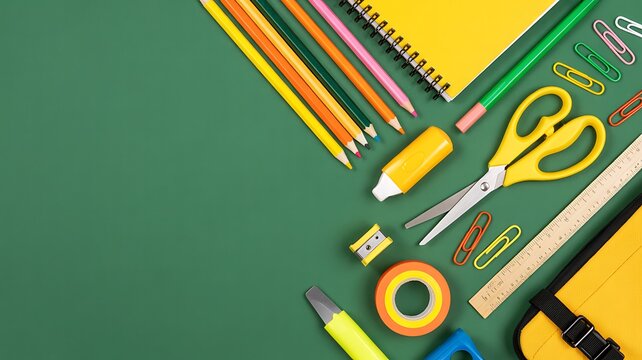 Colorful stationery supplies arranged neatly on a green background for creative work