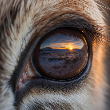 Close-up of an animal eye reflecting a majestic winter sunset landscape with mountains and snow