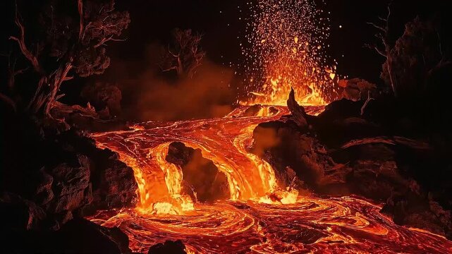 Cinematic footage of glowing lava waterfall flowing over dark volcanic rocks at night.