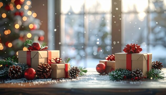 Corporate workspace with holiday decorations and wrapped gifts, softly blurred background, clean festive stock image