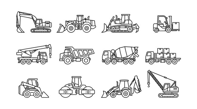 Heavy Construction Machinery and Industrial Vehicles Line Icon Set Featuring Excavators Bulldozers Dump Trucks Cranes and Concrete Mixers for Building Site App Graphic Designs