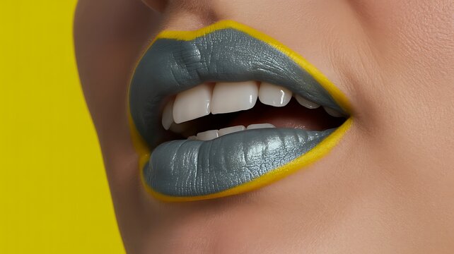 Close up of stylish lips with metallic silver lipstick on a bright yellow background