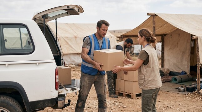 Humanitarian aid workers deliver essential supplies from a truck to a refugee camp in a dry, arid region