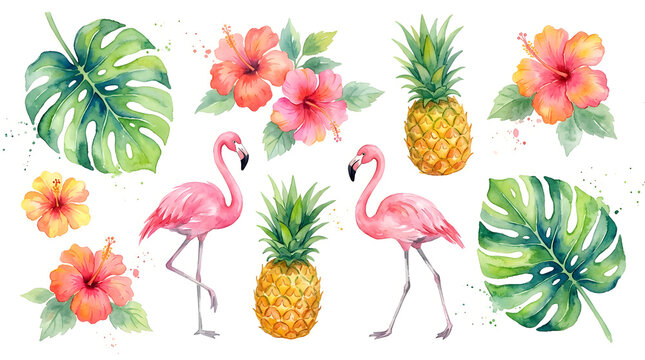 Tropical Paradise Elements: A vibrant collection of tropical elements including pink flamingos, juicy pineapples, and colorful hibiscus flowers, evoking a sense of summer vacation and exotic escape.