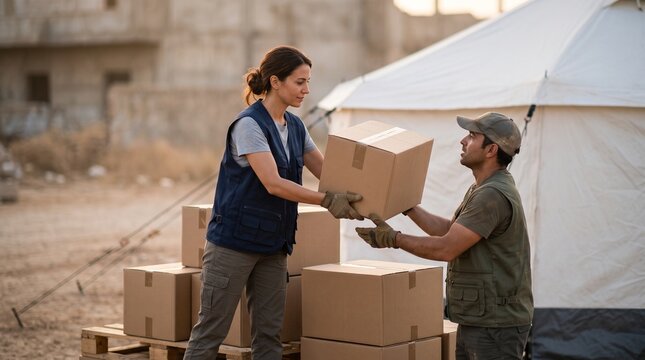 Two aid workers distribute essential supplies, a woman hands a box to a man in front of a tent.