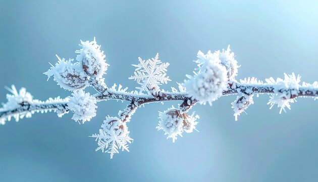 Snowflakes drifting around a single frosted branch, pale blue background, minimalist nature composition, copy space
