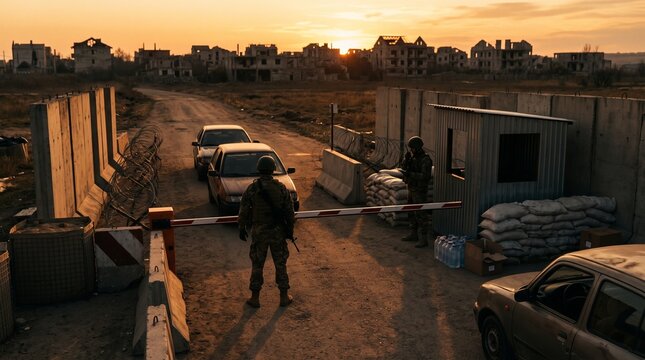 Military checkpoint at sunset with soldiers guarding destroyed buildings and cars in a war zone