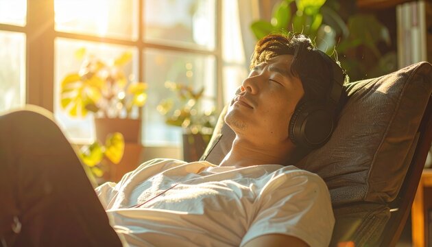 Man relaxing with headphones in a comfortable chair while sunlight enters room