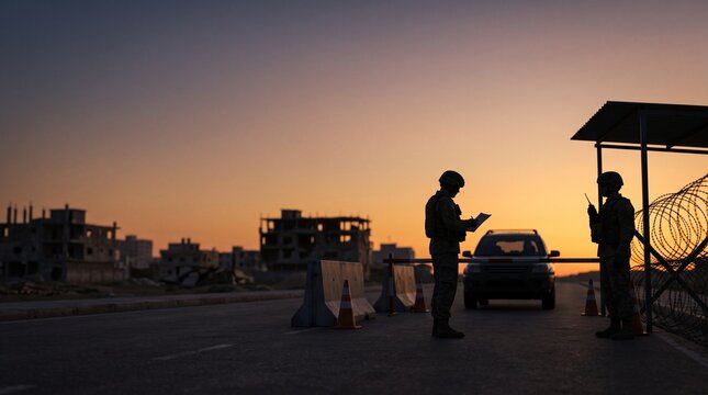 Two soldiers stand guard at a checkpoint during a breathtaking sunset, their silhouettes stark against the warm, orange sky, amidst an arid, developing landscape.
