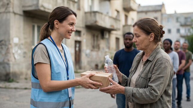 Volunteer distributes food and water to needy people in a line outdoors, showing compassion and aid