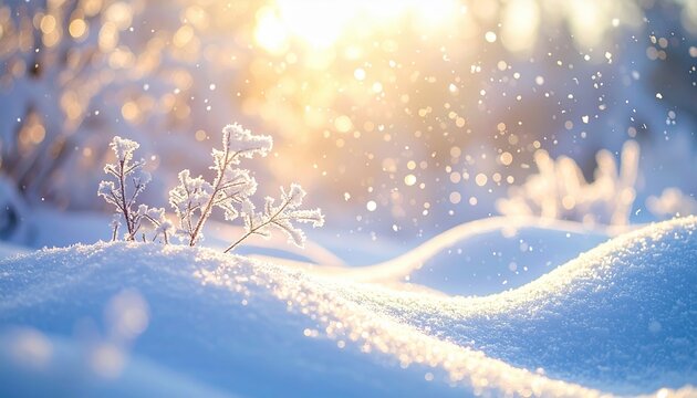 Falling snow illuminated by gentle sunlight, creamy white winter atmosphere, soft focus, clean seasonal backdrop