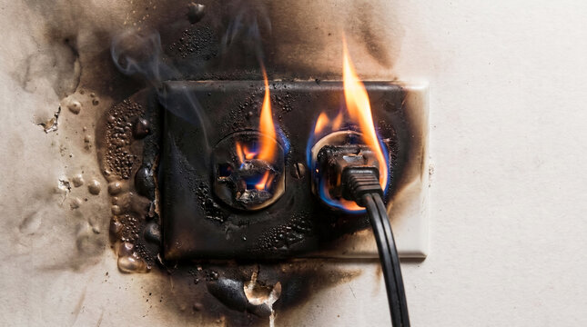 Electrical outlet on fire, with melted plastic and smoke, symbolizing danger, electrical hazard, and short circuit