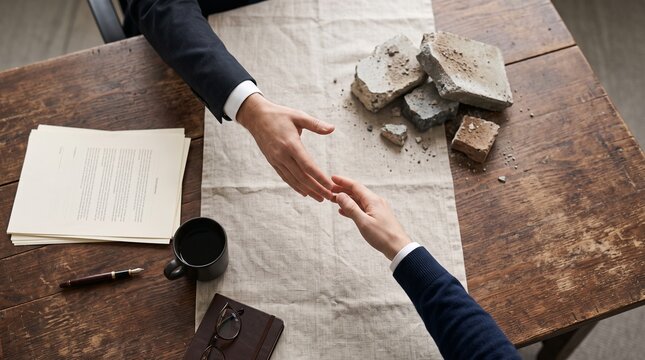 Two hands reaching for a handshake over a table with documents and broken concrete symbolizing agreement and overcoming challenges