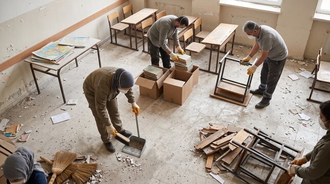 Classroom renovation workers cleaning debris and packing books in a dilapidated school room
