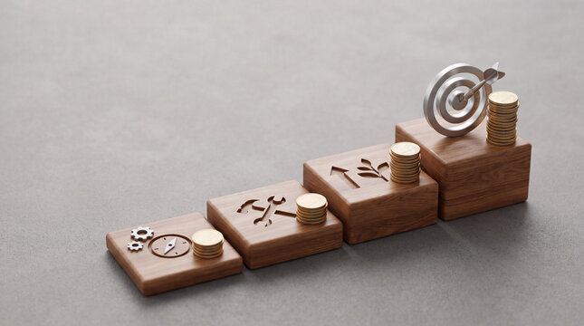 Wooden platform coin stack target business growth staircase arrow goal success progress financial growth wooden block strategy achievement investment profit wealth reward planning increase
