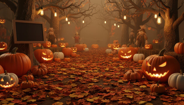 Autumn pumpkin path with glowing jack o lantern and leaf covered ground in eerie forest fog