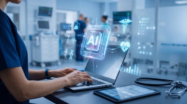 Medical worker using laptop artificial intelligence interface hospital room digital health computer monitor doctor hand healthcare technology data analysis patient care medical system