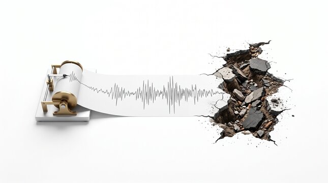 Seismograph records earthquake, showing seismic waves on paper with a hole in the ground filled with debris.