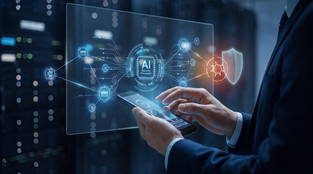 Cyber security interface on smartphone with data network and shield icon in dark server room