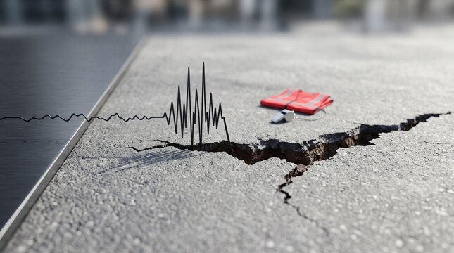A seismograph wave traces a destructive earthquake across cracked concrete, with a red emergency signal visible in the background. Representing natural disaster and warning.