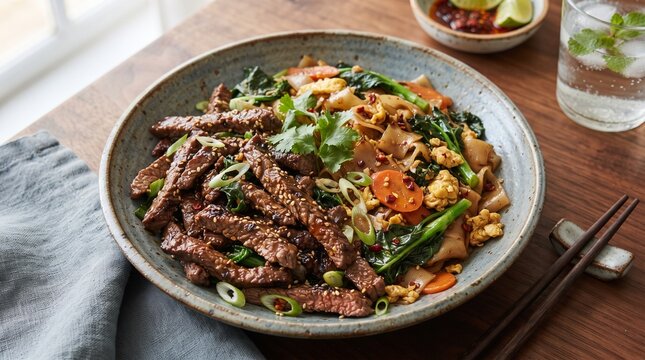 Thai beef stir fry with flat rice noodles, savory pad see ew dish with steak and vegetables, authentic asian cuisine on wooden table