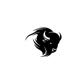 Black buffalo head logo design concept, aggressive bull mascot symbol, tribal animal emblem graphic, mascot icon