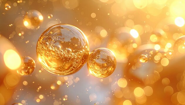 Golden bubbles drifting through soft light, neutral background, minimalist festive texture