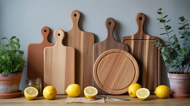 Wooden cutting boards with fresh lemons and herbs in a rustic kitchen setting