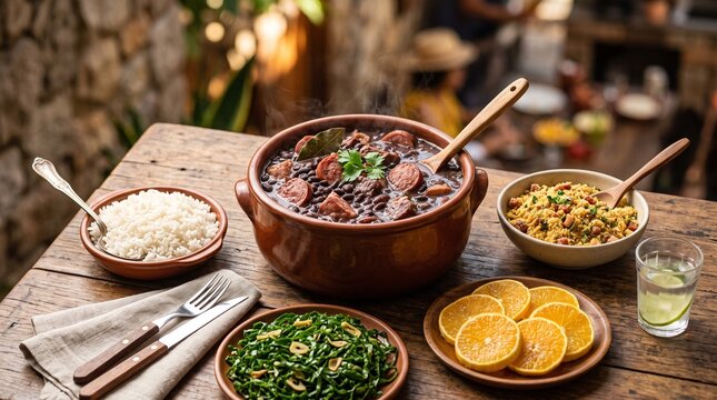 Authentic Brazilian Feijoada meal with rice farofa oranges and greens served on a rustic wooden table