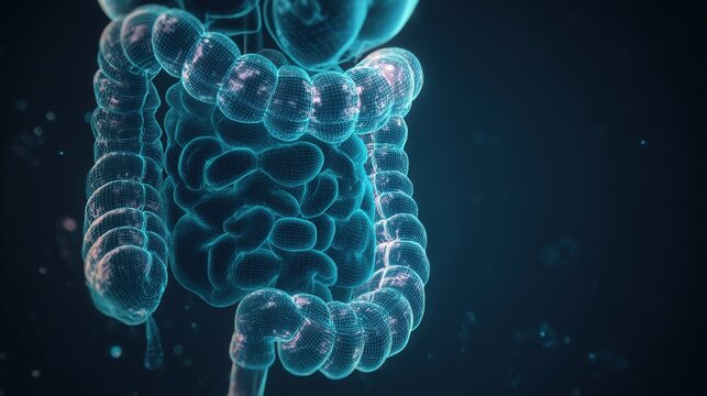 Colon polyps medical 3D illustration, benign growth on colon intestinal wall, gastrointestinal disease, polyp formation inside large intestine, human digestive system anatomy, health care concept for 