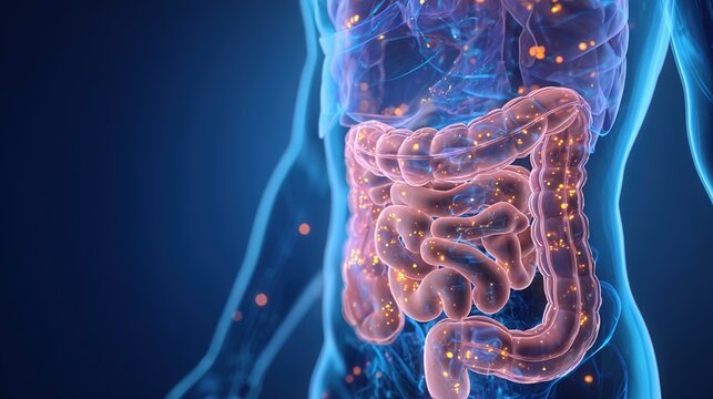 Colon polyps medical 3D illustration, benign growth on colon intestinal wall, gastrointestinal disease, polyp formation inside large intestine, human digestive system anatomy, health care concept for 