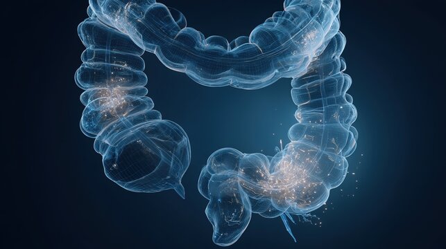 Colon polyps medical 3D illustration, benign growth on colon intestinal wall, gastrointestinal disease, polyp formation inside large intestine, human digestive system anatomy, health care concept for 
