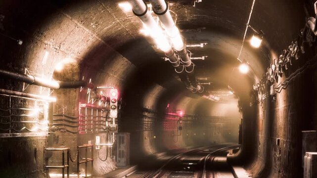 A view of a subway tunnel showing tracks and lighting along the walls. Electrical wires line the sides, and red lights are visible in the distance.
