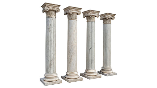 Row of four classic white marble architectural columns isolated on transparent background